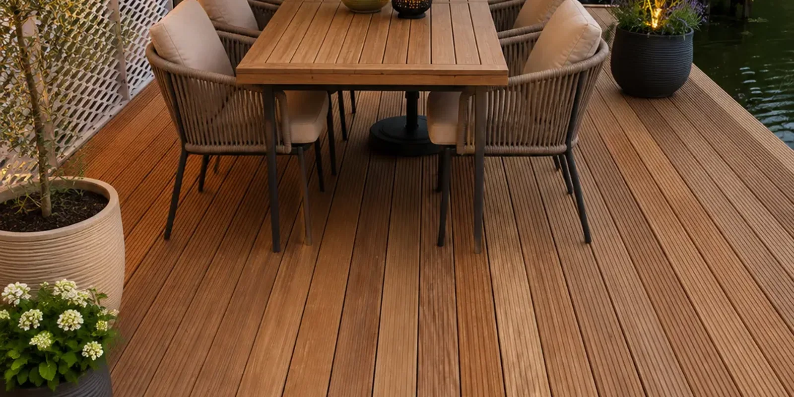 Hardhout vlonder met eettafel bij het water - Tuinaanleg Zoetermeer